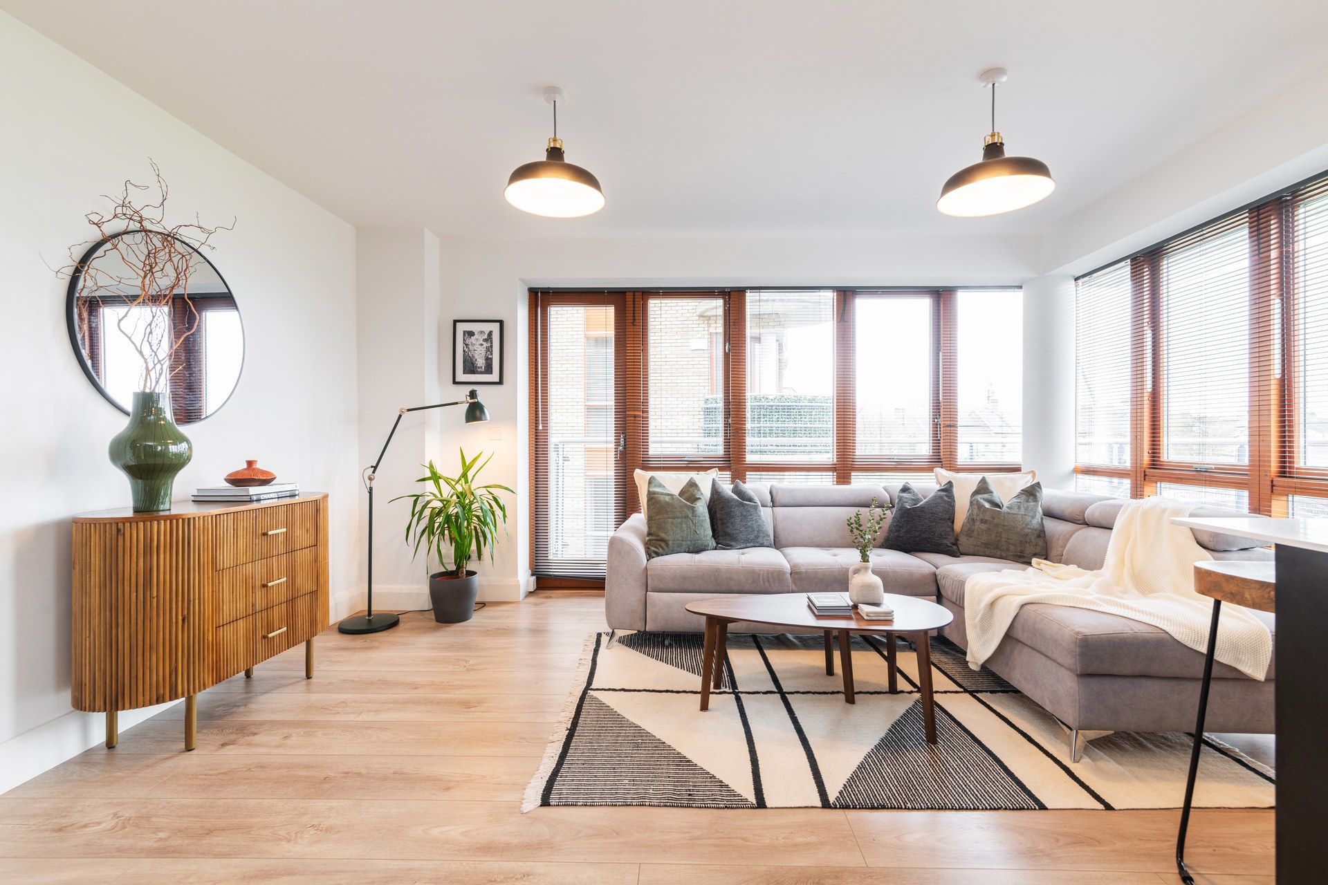Bright, thoughtfully furnished living room in an EirStay corporate apartment in Kilmainham, Dublin