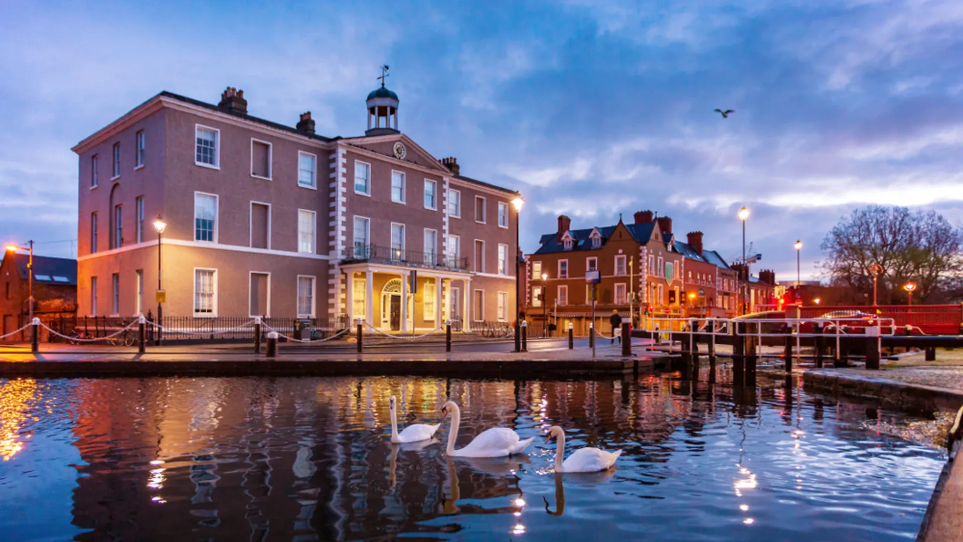 Swans on a Dublin canal at dusk with illuminated Georgian buildings — the atmospheric waterways and residential streets of Dublin 8, close to EirStay serviced accommodation in Kilmainham, Islandbridge and Sandford Gardens