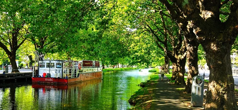 Tree-lined Grand Canal towpath walk between Grand Canal Dock and Portobello, Dublin