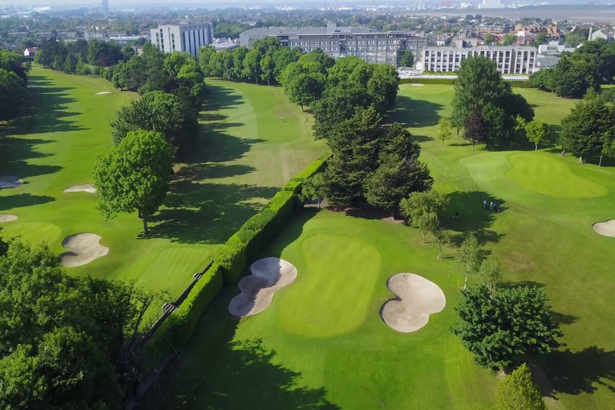 Aerial view of Elm Park Golf Club parkland course, Donnybrook Dublin 4 — sand bunkers, mature trees and fairways near EirStay serviced apartments