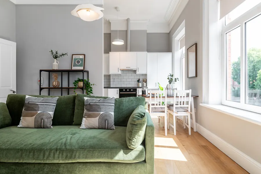 Open-plan kitchen and dining area after refurbishment at Morehampton Road, Donnybrook