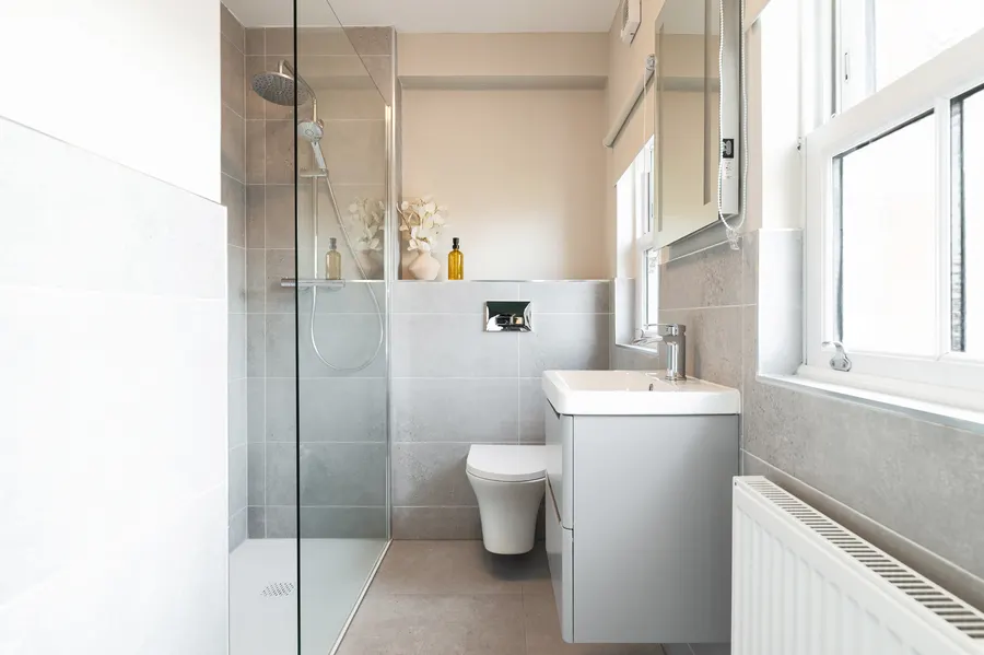 Newly renovated bathroom with walk-in shower at Morehampton Road, Donnybrook