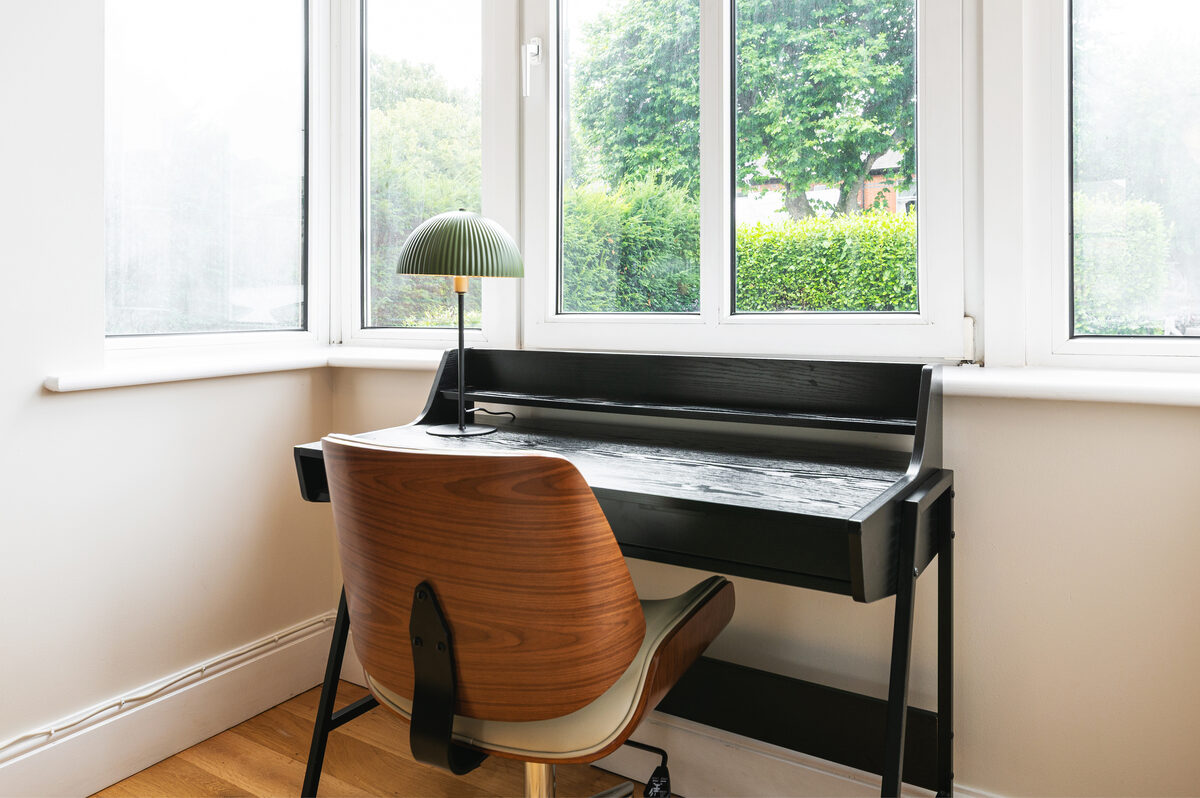 Dedicated desk and workstation with garden view for corporate short stays at EirStay Donnybrook Dublin 4