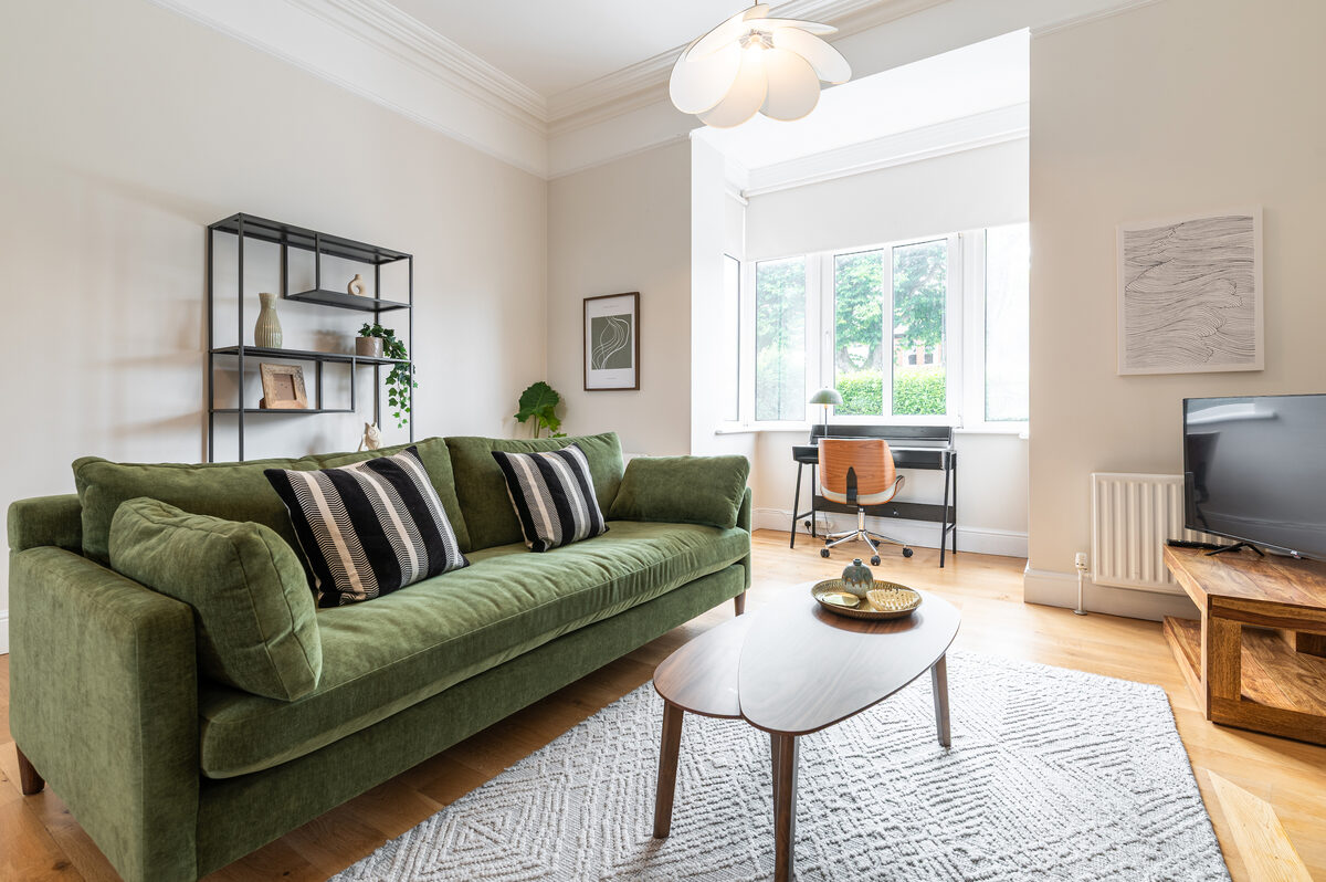 Lounge with dedicated workspace for corporate guests in EirStay short stay serviced apartment Donnybrook Dublin 4