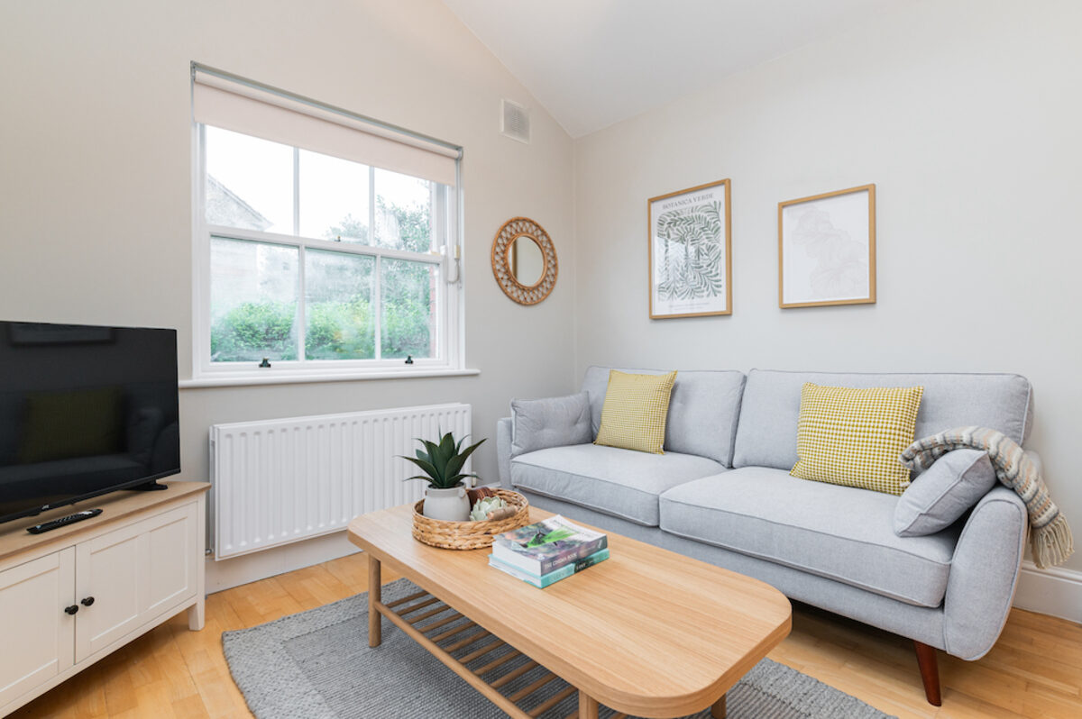 Lounge area with Smart TV and garden view in EirStay corporate accommodation Morehampton Road Donnybrook Dublin 4