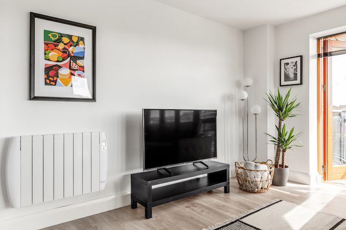 4K Smart TV with colourful art print yucca plant and globe floor lights in EirStay corporate accommodation Kilmainham Dublin 8