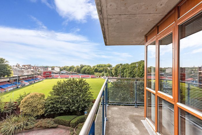 Private balcony with views over Richmond Park St Patricks Athletic football ground and greenery in EirStay serviced apartment Kilmainham Dublin 8
