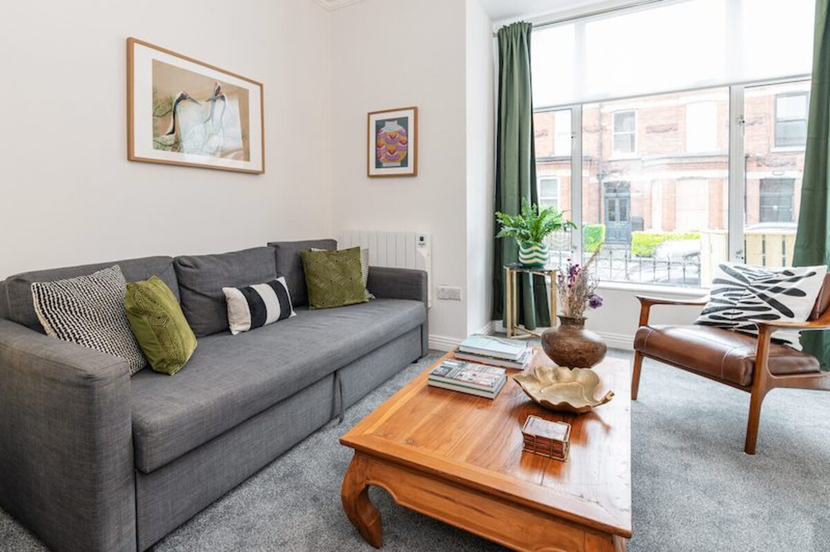 Comfortable lounge with street view in EirStay corporate stays short-term apartment Ranelagh Dublin 6