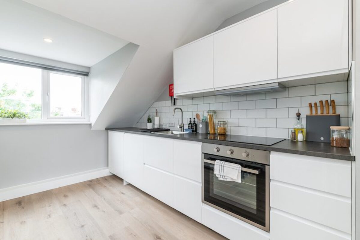 Master bedroom with premium linens in EirStay loft serviced apartment Ranelagh Dublin 6