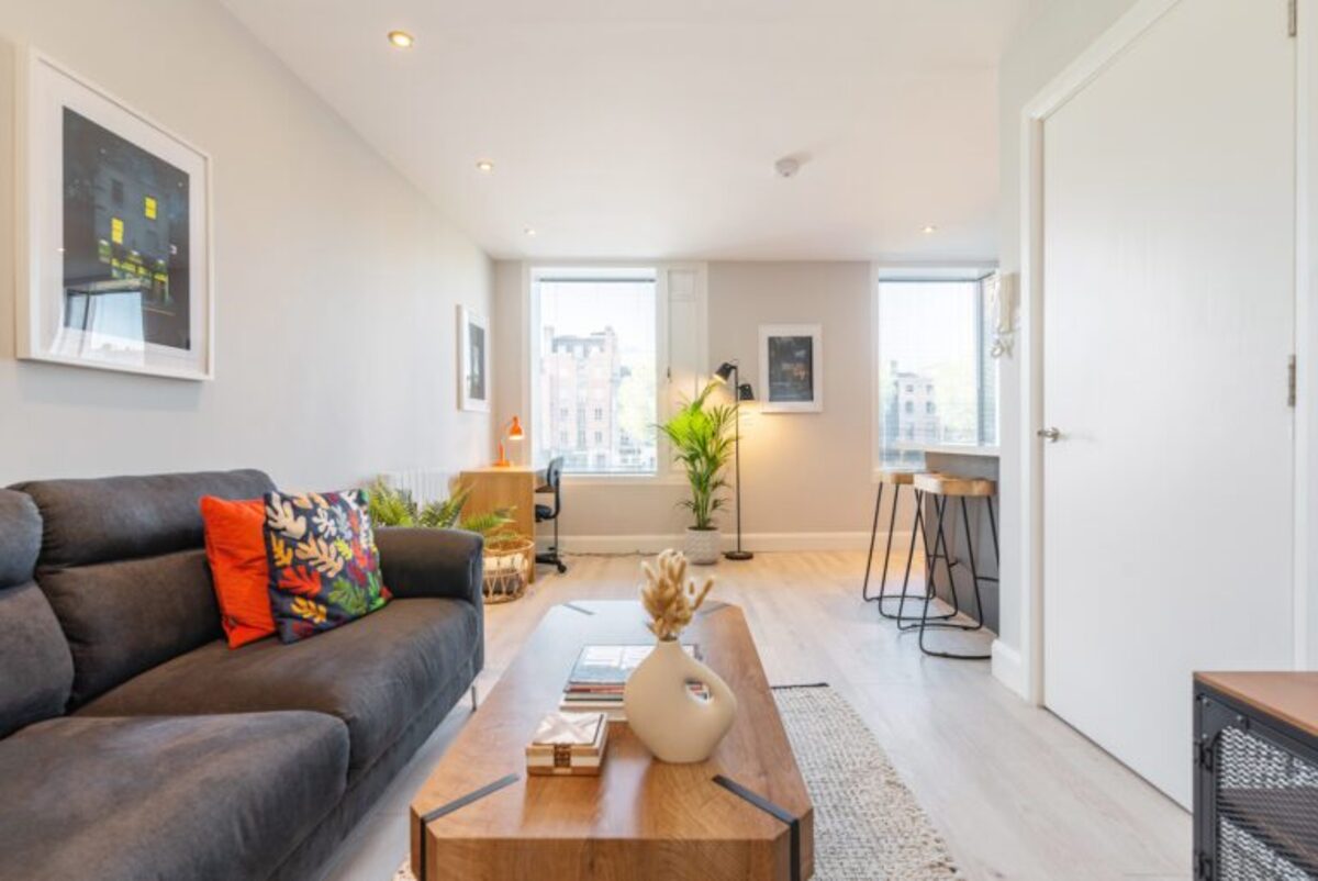 Living room with River Liffey views in EirStay Temple Bar serviced apartment Dublin 2 corporate short stay