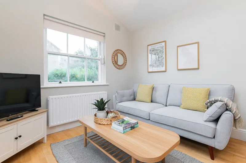 Lounge area with Smart TV and garden view in EirStay corporate accommodation Morehampton Road Donnybrook Dublin 4