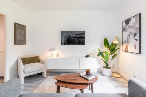 Rathgar apartment lounge with armchair, coffee table and television